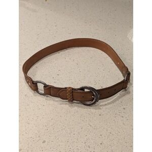 VTG Brighton Brown Leather Belt Embroidered Heart Fabric Metal Accents Womens 38